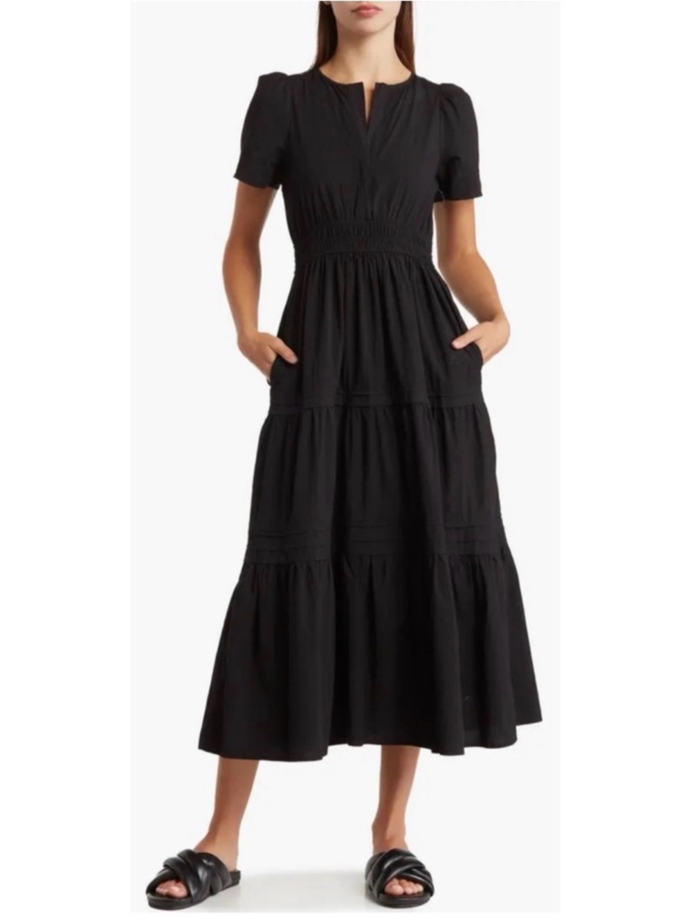 Stitch Fix Black Smocked Waist Tiered Maxi Dress with Short Sleeves